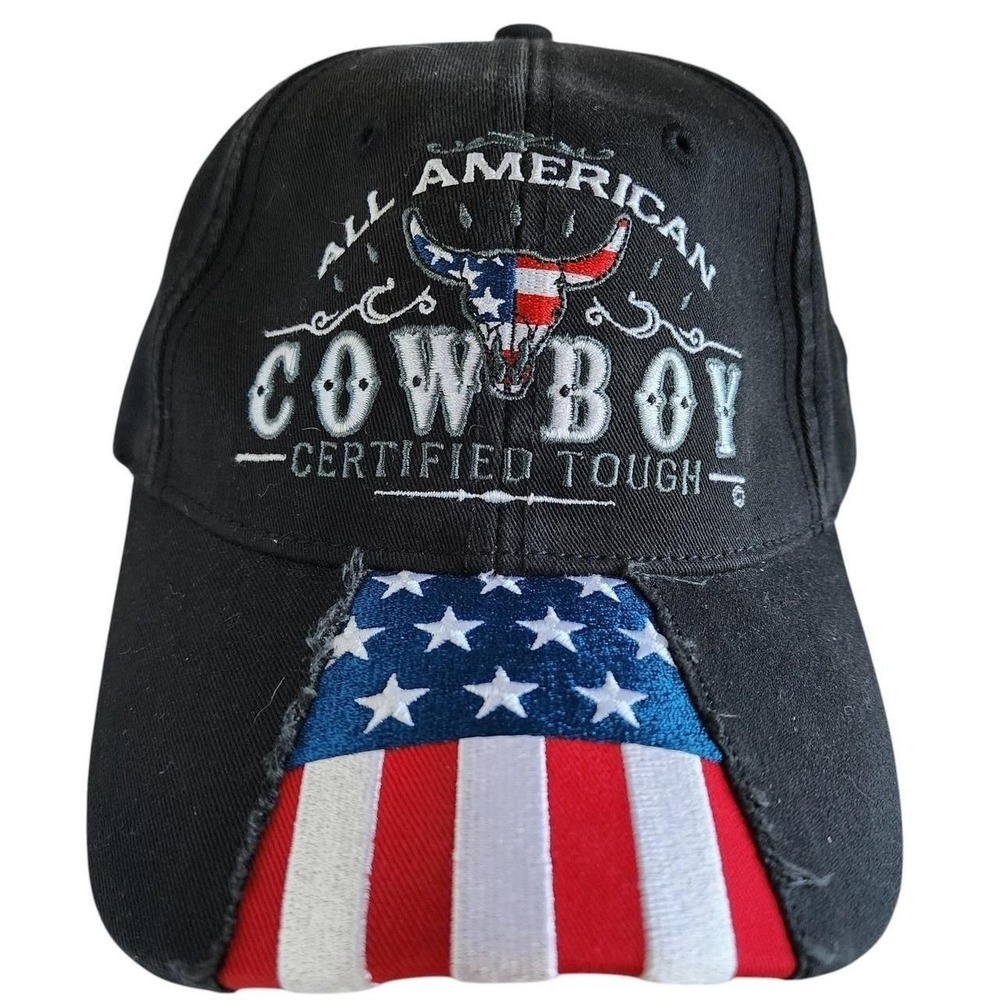 All American Cowboy Certified Tough Hat Black‎ USA Flag Distressed Rodeo Cap